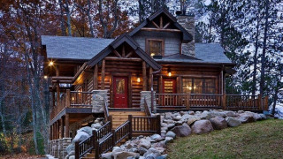 Log cabin red door stone - doug ohlson free wallpaper