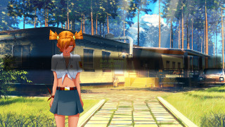 Girl standing path train car - a train in the background free wallpaper