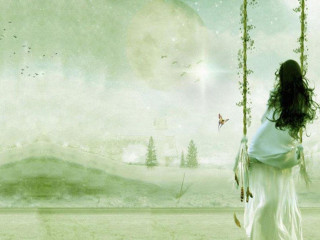 Woman swing field moon tree - dreamlike free wallpaper