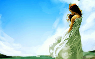 Woman white dress kite sky - a watercolor painting free wallpaper