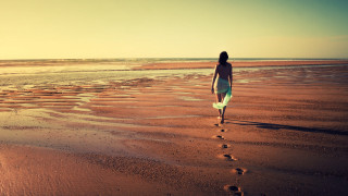 Woman walking beach surfboard footprints - beach free wallpaper