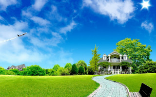 House bench grassy field pathway - a pathway free wallpaper
