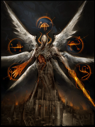 Winged angel city clock tower - dark free wallpaper for mobile