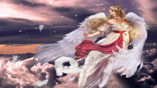 Woman red dress flying sky - white wing free wallpaper