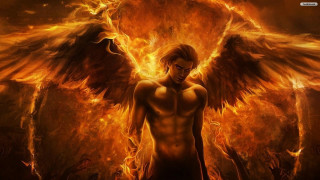 Man large angel wings flames - dark fantasy art free wallpaper
