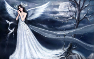 Angelic white dress bird moon - a full moon behind her free wallpaper