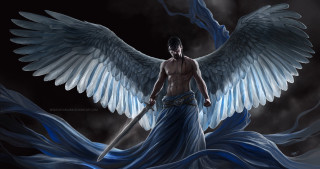 Man sword wings dark background - epic fantasy character art free wallpaper