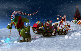 Elves sleigh presents snow christmas - a christmas tree in the background free wallpaper