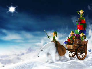 Polar bear pulling presents snowy - a polar bear free wallpaper