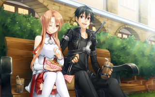 Anime couple bench together sitting - a bench together free wallpaper
