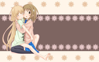 Anime girls sitting floor brown - background behind them free wallpaper