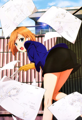 Redhair girl blue shirt holding - analytical art free wallpaper for mobile