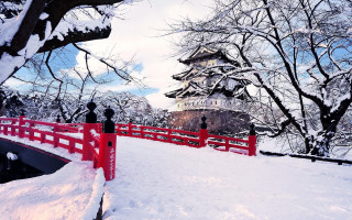 Red bridge snow building trees - japan free wallpaper