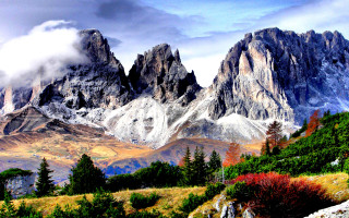 Mountain range forest lake sunset 2 - a few tree and bushes free wallpaper