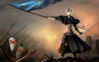 Woman flag sword painting city - medieval free wallpaper for desktop