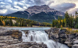 Waterfall mountain trees cloudy sky - yellow leaf free wallpaper