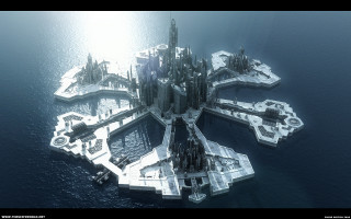 Futuristic island massive structure ocean - smaller free wallpaper