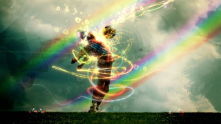 Man running field rainbow sky - cloud and a rainbow free wallpaper