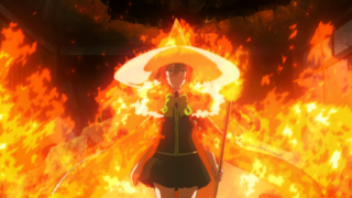 Woman hat fire sword standing - her hand and a hat free wallpaper