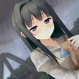 Girl holding cat rain city - free rain wallpaper for tablet