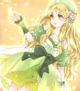 Girl green dress holding teddy - official free wallpaper for tablet