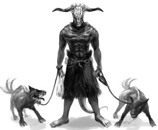 Horned man with two dogs - two dog free wallpaper