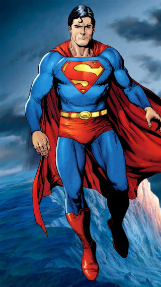 Superman flying ocean heroic pose - open free wallpaper for mobile