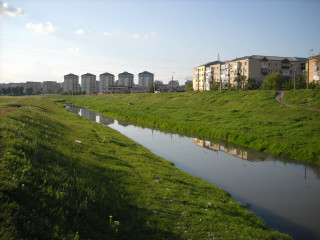 River green field buildings ecological - both side free wallpaper