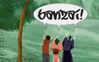 Cartoon three people park speech - a speech bubble above them free wallpaper