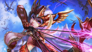 Woman bow arrows sky birds - overhead free wallpaper for desktop