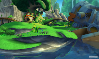 Cartoon green island house bridge - a cartoon scene free wallpaper