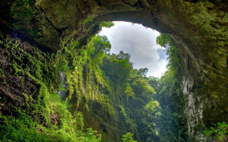 Cave entrance waterfall lush green - nature free wallpaper