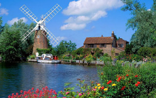 Boat river windmill houses flowers 2 - anne said free wallpaper