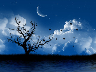 Bare tree crescent moon cloudy - dreamlike free wallpaper