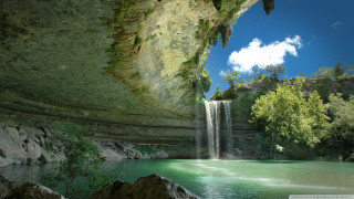 Waterfall cliff river blue sky - underneath free wallpaper
