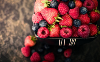 Bowl strawberries blueberries table fork - a fork and knife free wallpaper