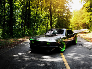 Car parked road woods green - matte finish free wallpaper