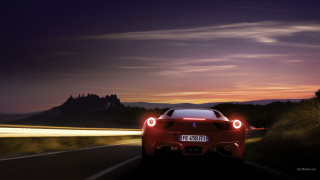 Red sports car night castle - dusk time free wallpaper