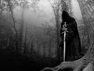 Grim hooded figure forest sword - a foggy background free wallpaper