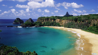 Beach sandy shore mountain blue - green tree free wallpaper for desktop