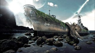 Ship moss water rocks mountain - a ship free wallpaper