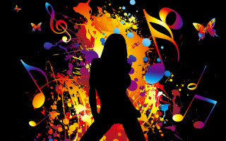 Woman silhouette music notes butterflies - funk art free wallpaper