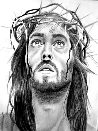 Jesus crown thorns cross forehead - photorealistic portrait free wallpaper for mobile