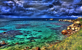 Blue ocean cloudy sky grassy - the far side free wallpaper