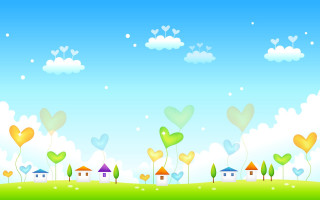 Green field hearts flying houses - heart free wallpaper