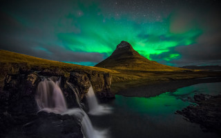 Waterfall green aurora mountain background - a stream free wallpaper