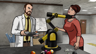 Cartoon man woman microscope robot - cybernetic free wallpaper