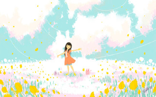 Girl field flowers kite sky - yellow flower free wallpaper