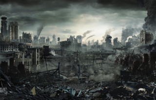 City smoke debris buildings background - apocalyptic free wallpaper