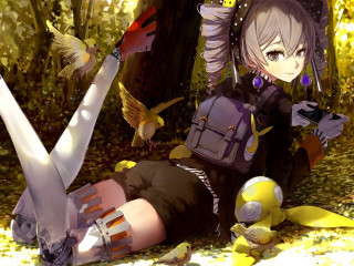 Woman laying ground backpack bird - above her head free wallpaper